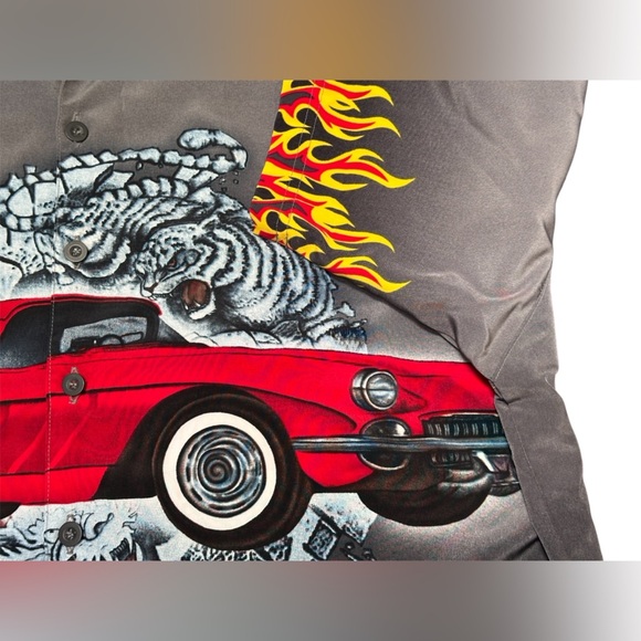 Vintage Y2K Hot Rod, Flames, & Tiger Short Sleeve Button Up Men’s 2XL Streetwear - Picture 6 of 7